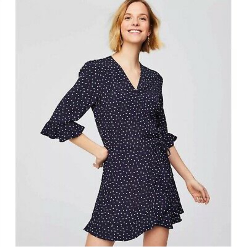 Loft Navy Blue Polka Dot Ruffle Faux Wrap Romper Size 2